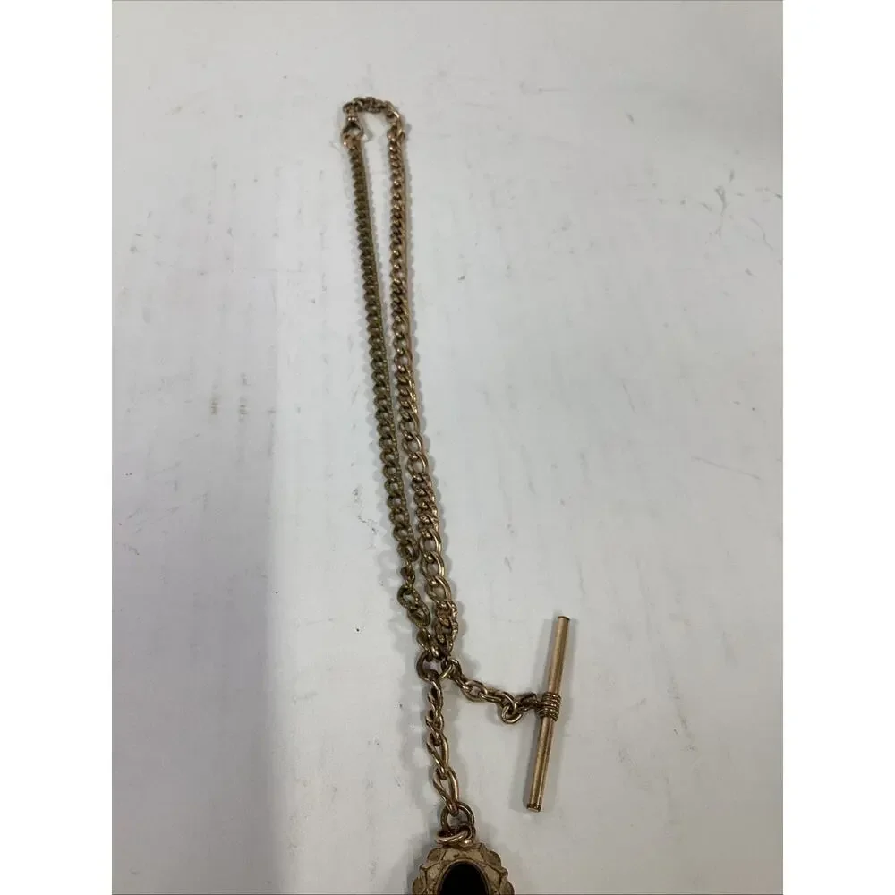 VTG J.F.S. & Sons Pocket Watch Chain W/ T-Bar & Decorative Stone-Set Watch Fob